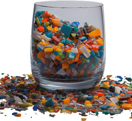 Glass filled with colourful plastic fragments, symbolising microplastics in water.